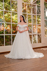 Drapeli Düşük Omuz Yapraklı Dantel Helen Gelinlik