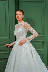 Yüksek Yakalı Kollu A Kesim Gelinlik